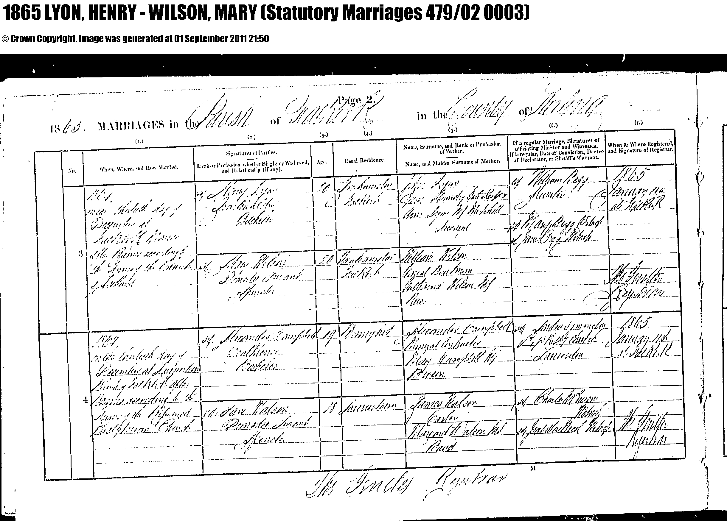 1865 Lyon Henry & Mary Wilson marriage, December 30, 1864